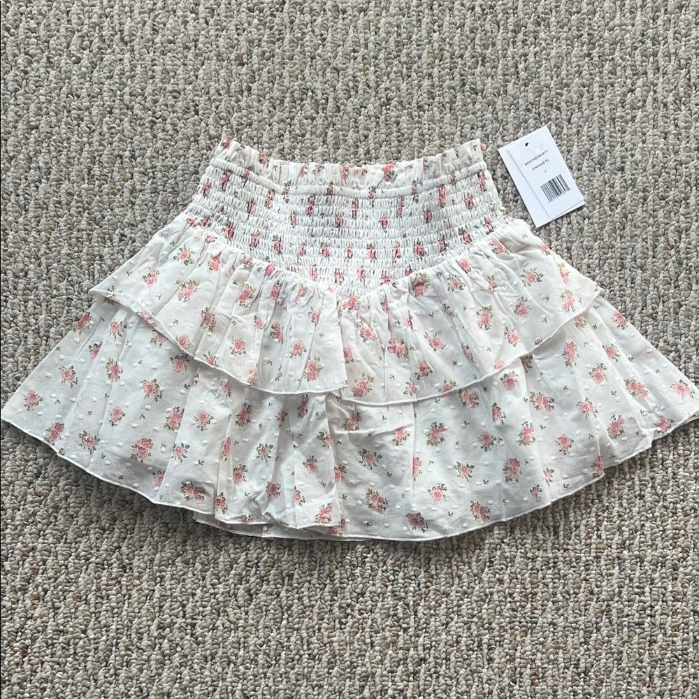 Katie J NYC Floral Ruffle Smocked Mini Skirt - Ivory with Pink Roses